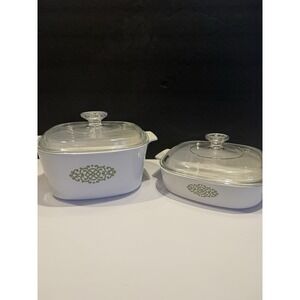 Corning Ware 3 Qt & 8x8 Casserole Set Green Scroll w Glass Lids